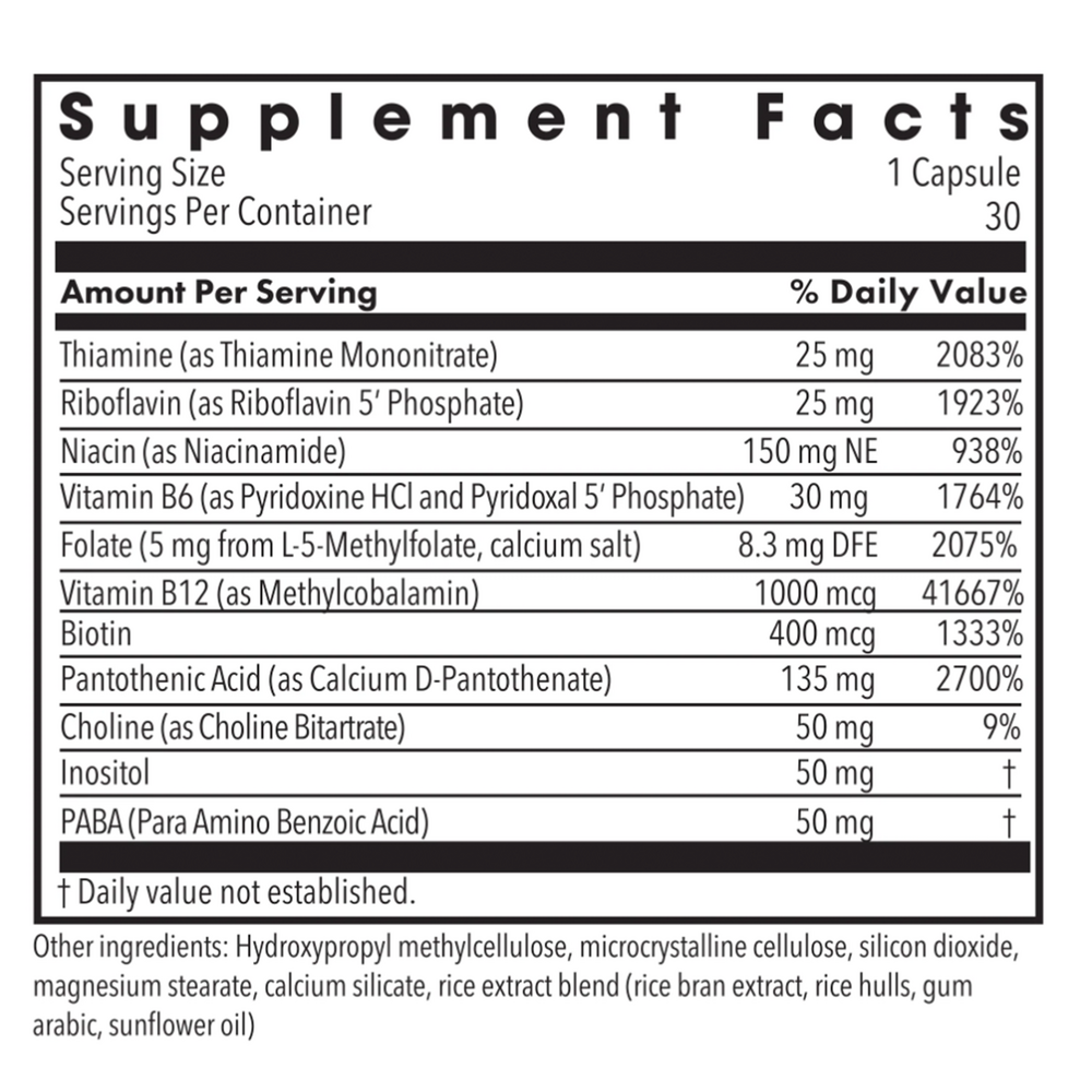 B-Complex + 5 mg L-Methylfolate Supplement Facts Label