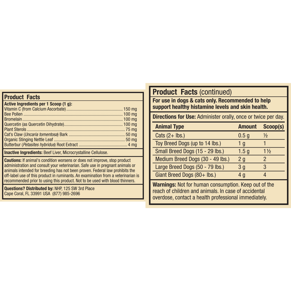 Pet Seasonal Support Supplement Facts Label