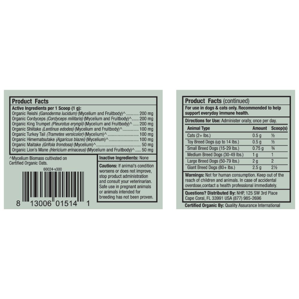 Fermented Mushroom Blend for Pets Supplement Facts Label
