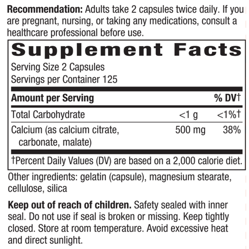 Calcium Citrate 250 capsules Supplement Facts Label