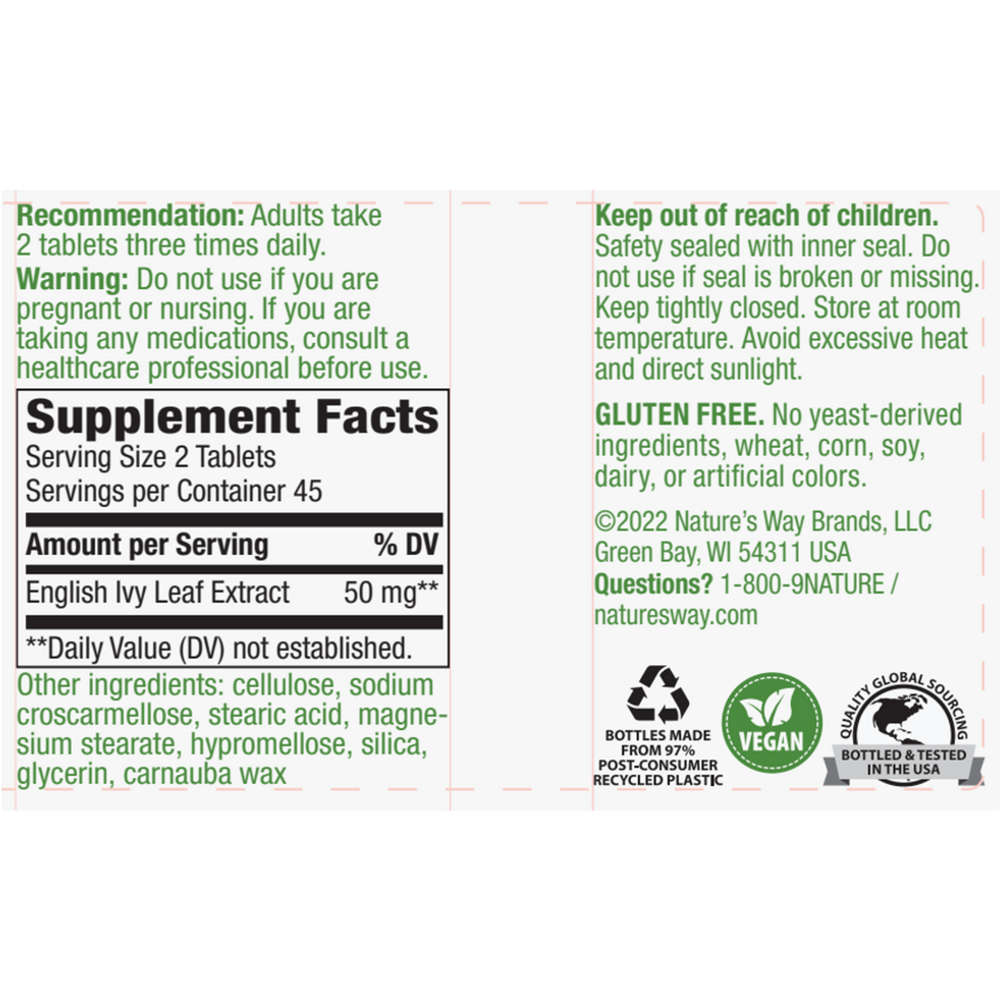 Ivy Extract Supplement Facts Label