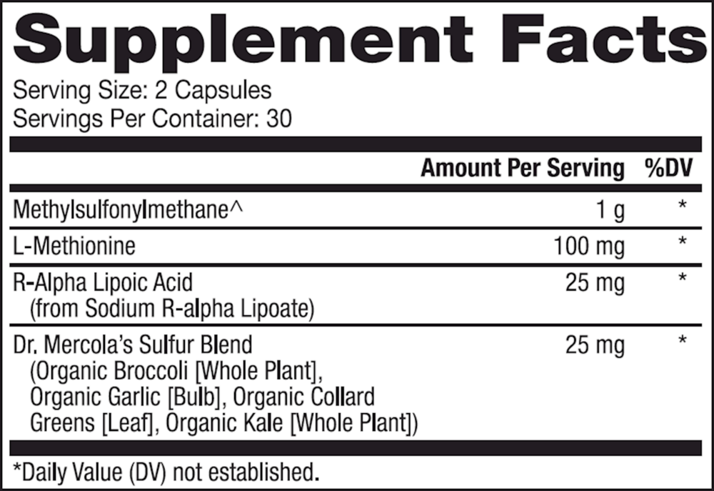 MSM with Organic Sulfur Complex Supplement Facts Label
