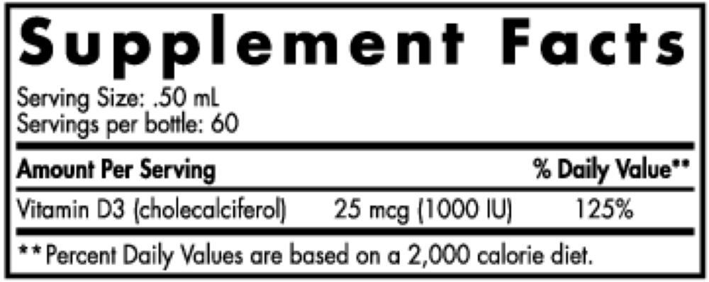 Plant-Based Vitamin D3 Liquid 1 Fluid Ounce w/ Dropper Apple Supplement Facts Label