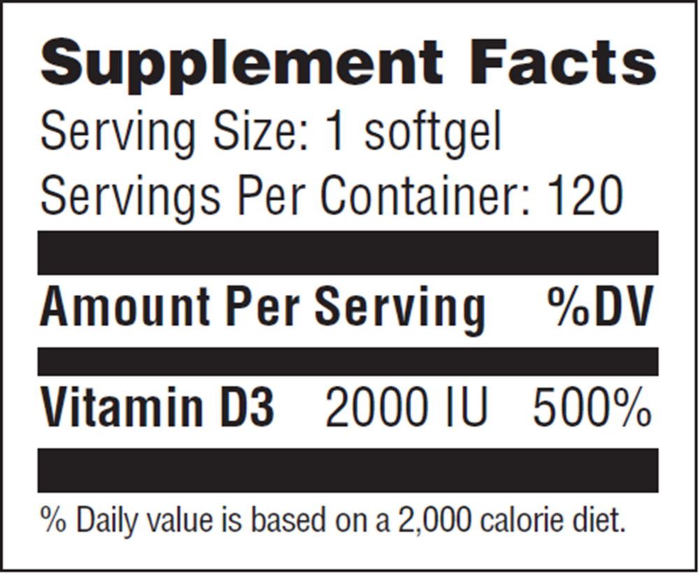 Vitamin D3 2000 IU Softgels Supplement Facts Label