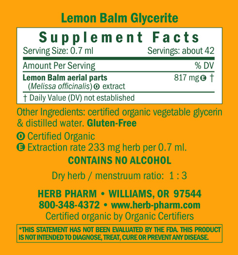 Lemon Balm Alcohol Free Supplement Facts Label
