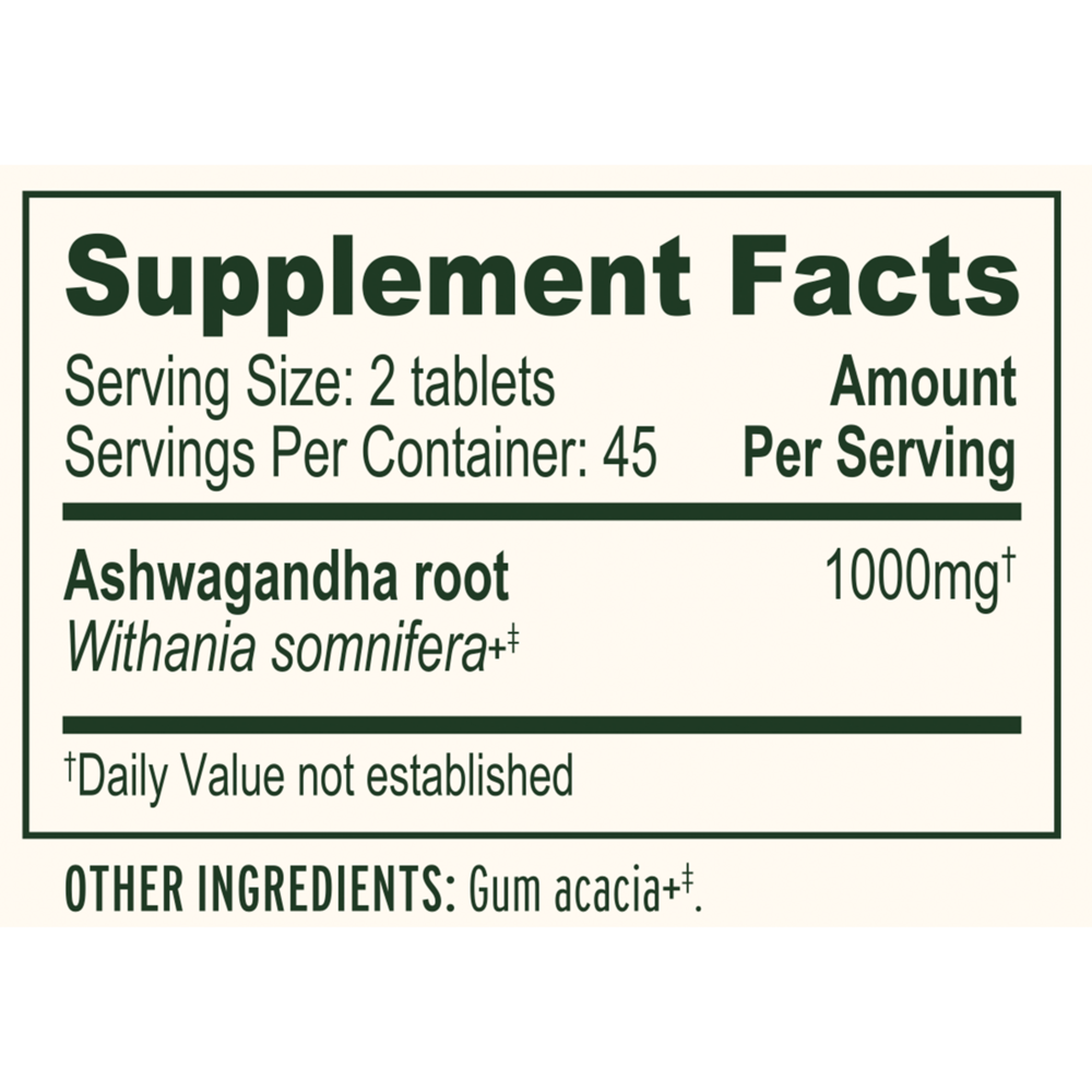 Ashwagandha (Organic) Tablets Supplement Facts Label