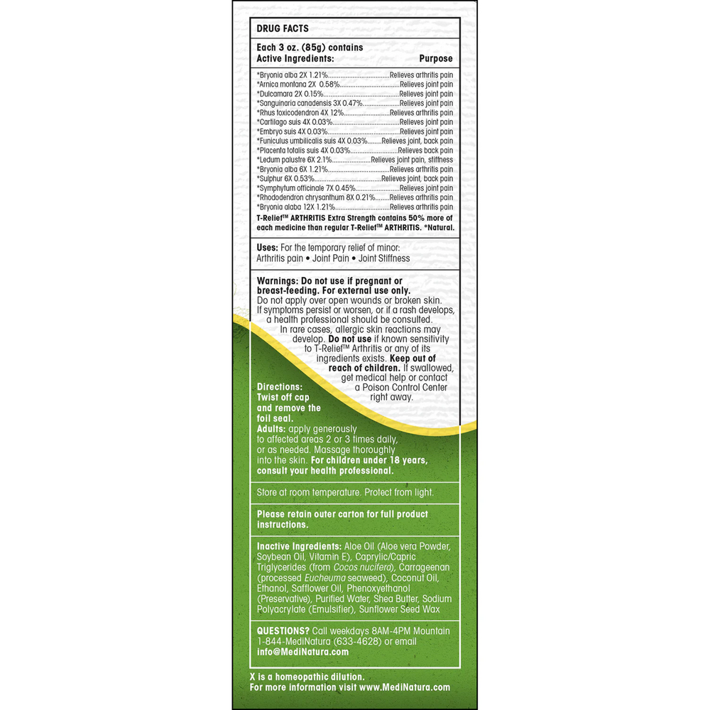 T-Relief Arthritis Cream Supplement Facts Label