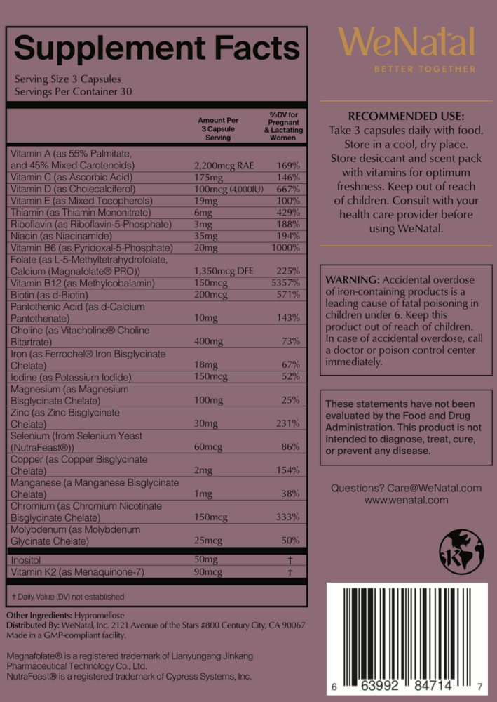 WeNatal for Her Supplement Facts Label