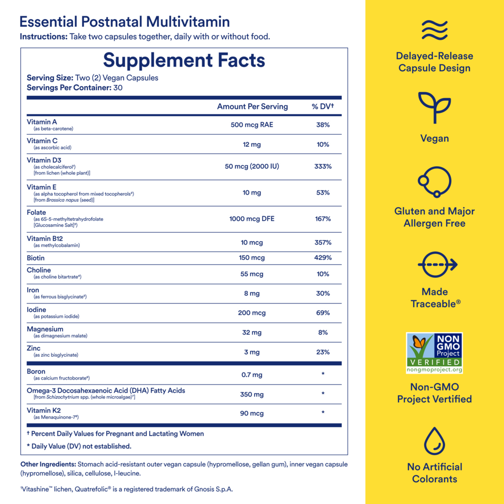 Essential for Women Postnatal Multivitamin Supplement Facts Label