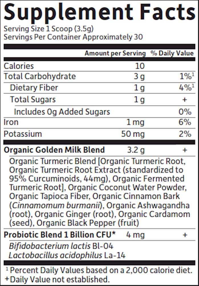 Organics Golden Milk Supplement Facts Label