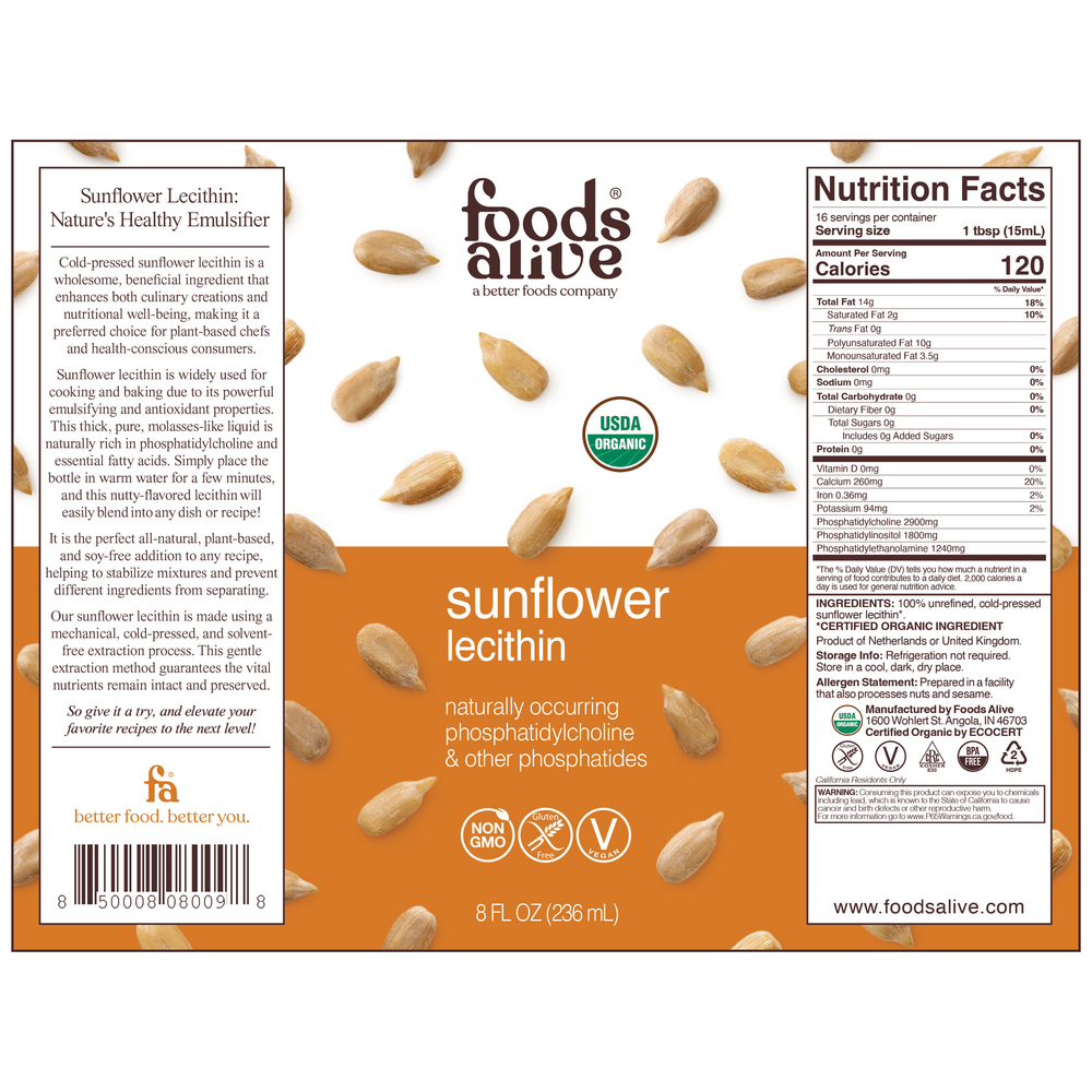 Organic Sunflower Lecithin Liquid Supplement Facts Label