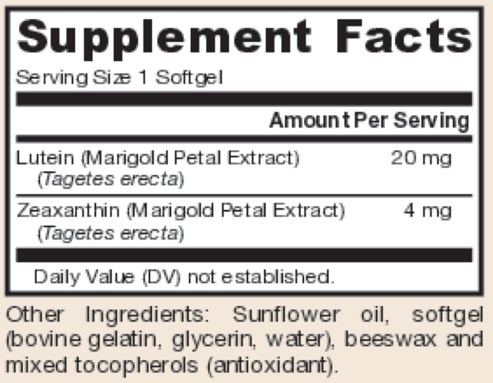 Lutein 20 mg Supplement Facts Label