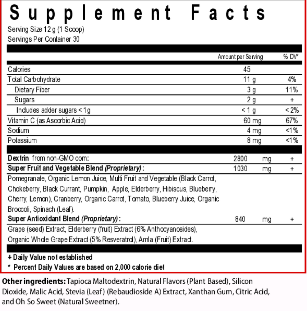 NanoReds 10 Natural Berry Supplement Facts Label