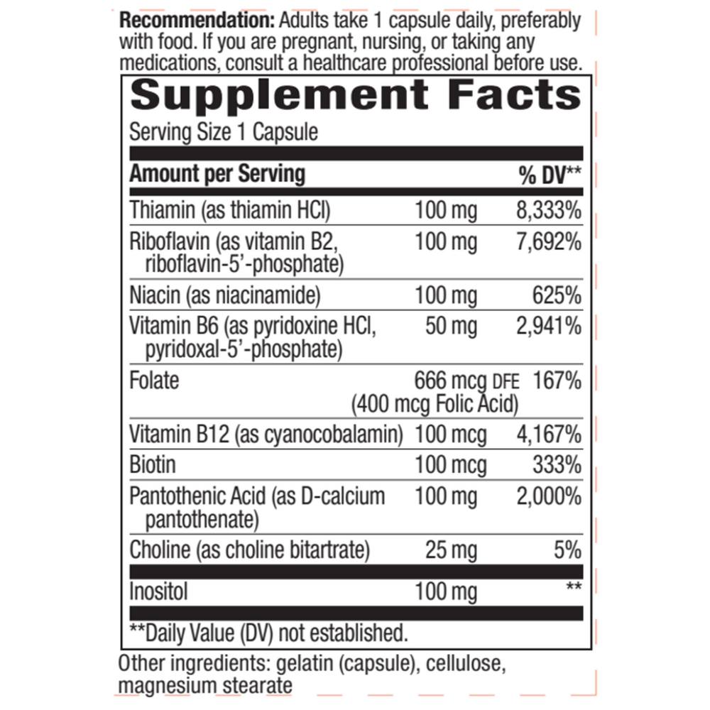 B-100 Complex 100 capsules Supplement Facts Label