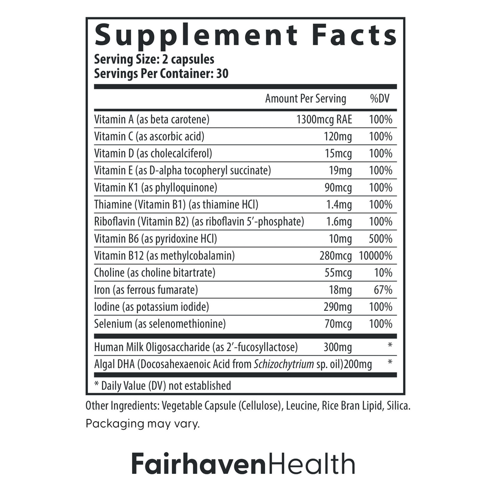 Postnatal Multi Essentials with DHA Supplement Facts Label