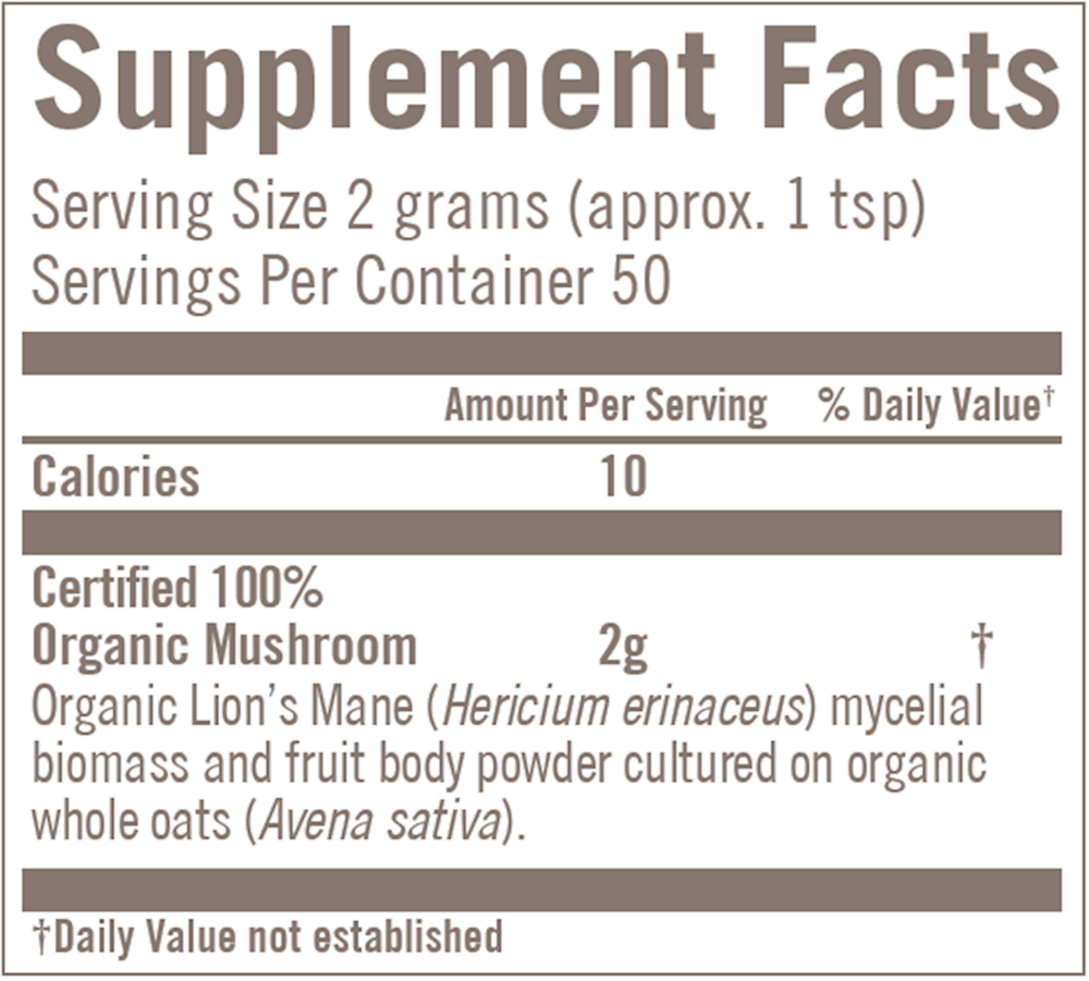 Lion's Mane (Hericium erinaceous) Supplement Facts Label
