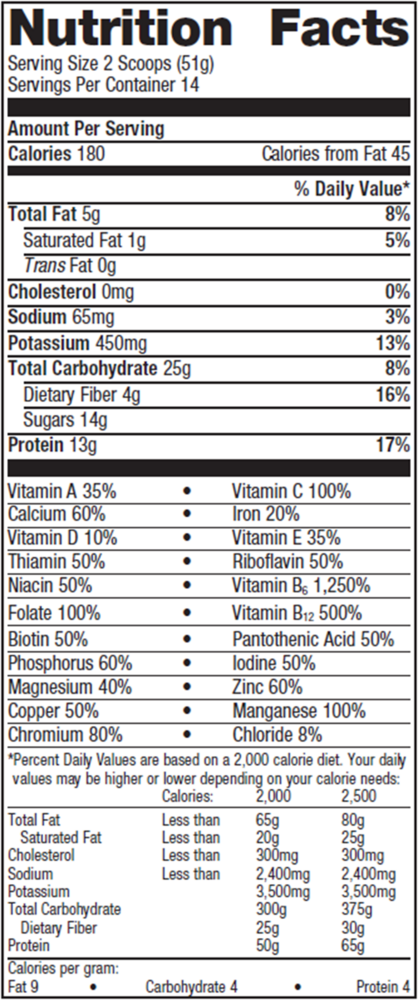 Essential Nutrition Shake Chocolate Supplement Facts Label
