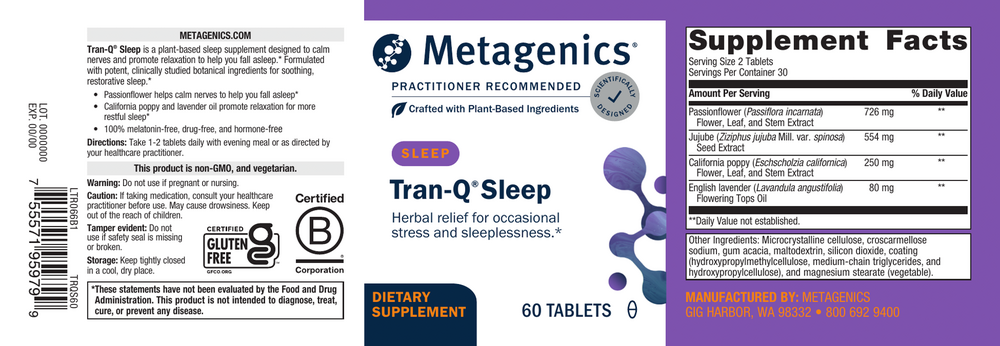 Tran-Q Sleep Supplement Facts Label