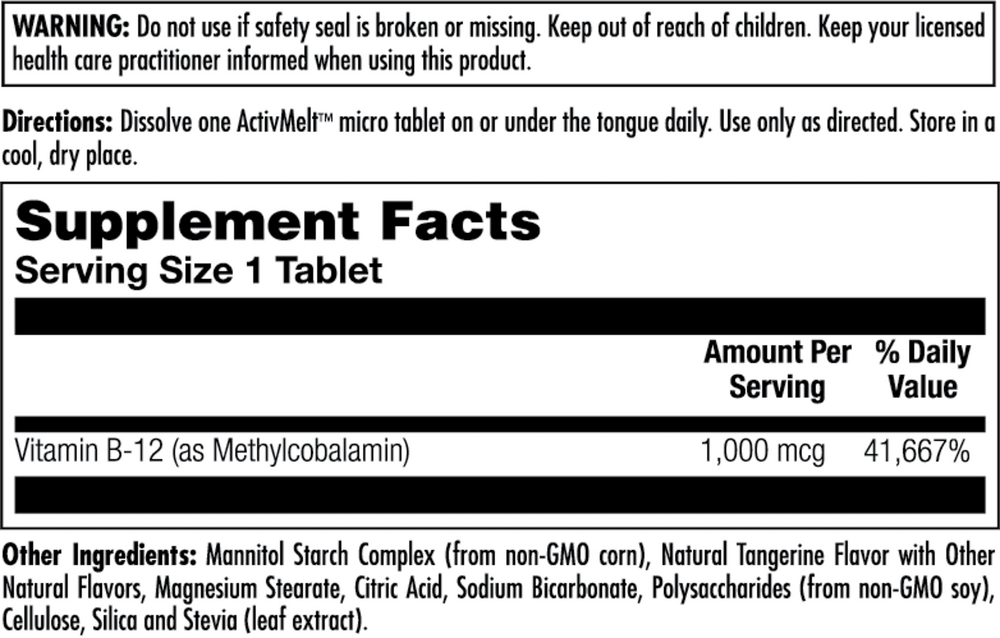 B-12 Methylcobalamin 1000 mcg Tangerine Supplement Facts Label