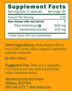 Kava Capsules Supplement Facts Label