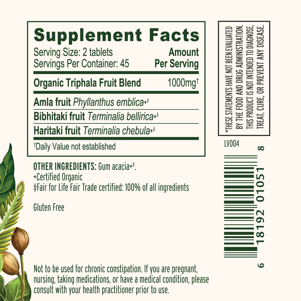 Triphala Organic Tablet Supplement Facts Label