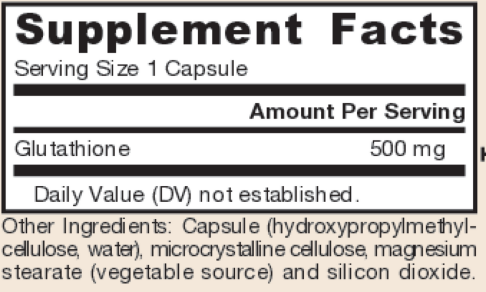 Glutathione Reduced 500 mg 60 Count Supplement Facts Label