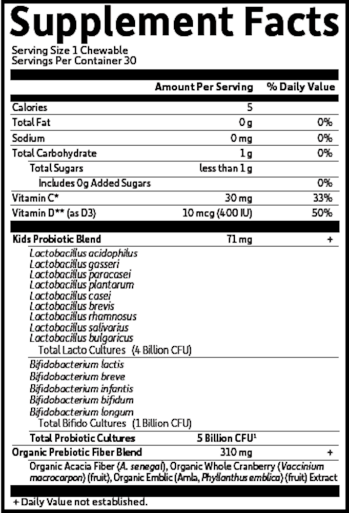 Organic Kids Probiotics Berry Cherry Supplement Facts Label