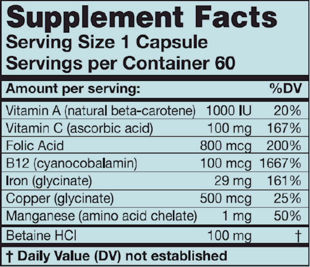 IronPlus Supplement Facts Label