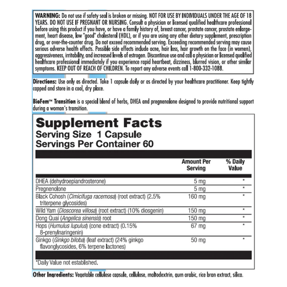 BioFem Transition Supplement Facts Label