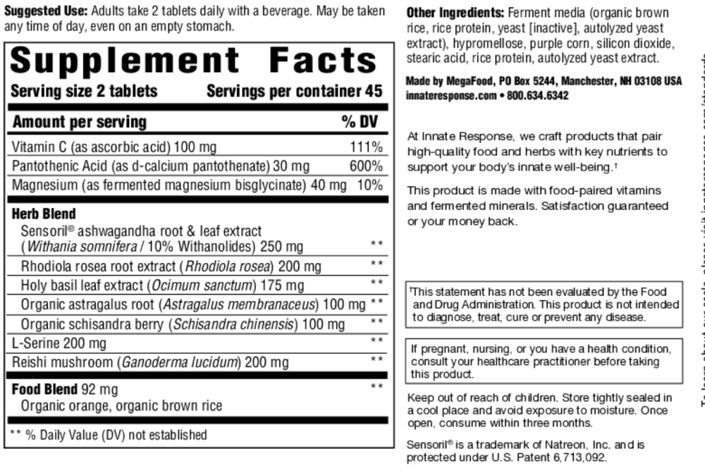 Adrenal Response Complete Care Supplement Facts Label