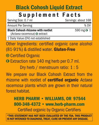Black Cohosh 4oz Supplement Facts Label