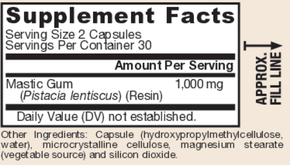 Mastic Gum 120 Count Supplement Facts Label
