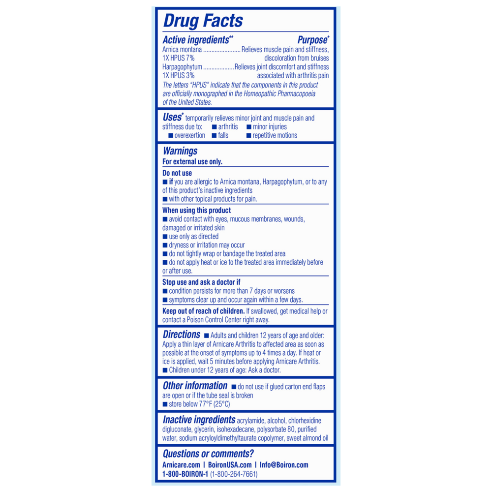 Arnicare Arthritis Cream Supplement Facts Label