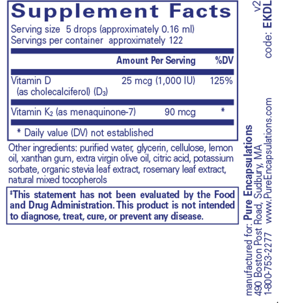 EmulsiSorb K2/D3 liquid Supplement Facts Label