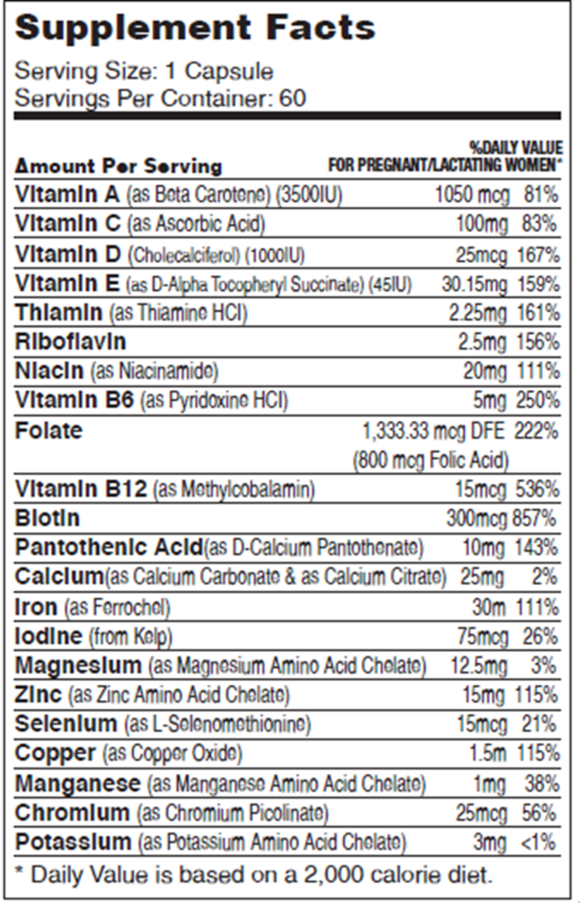 Total One Prenatal Supplement Facts Label