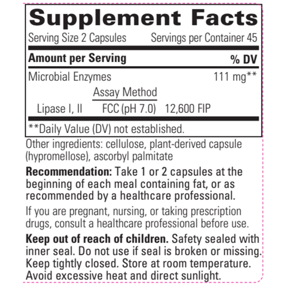 Lipase Concentrate HP – High Potency Supplement Facts Label