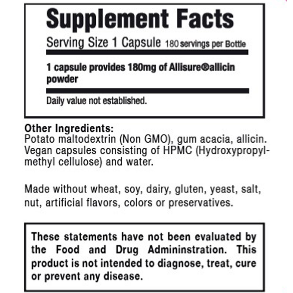 Allimax 100% Allicin Supplement Facts Label