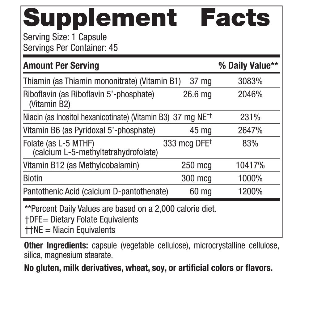Vitamin B Complex 45 Capsules Supplement Facts Label