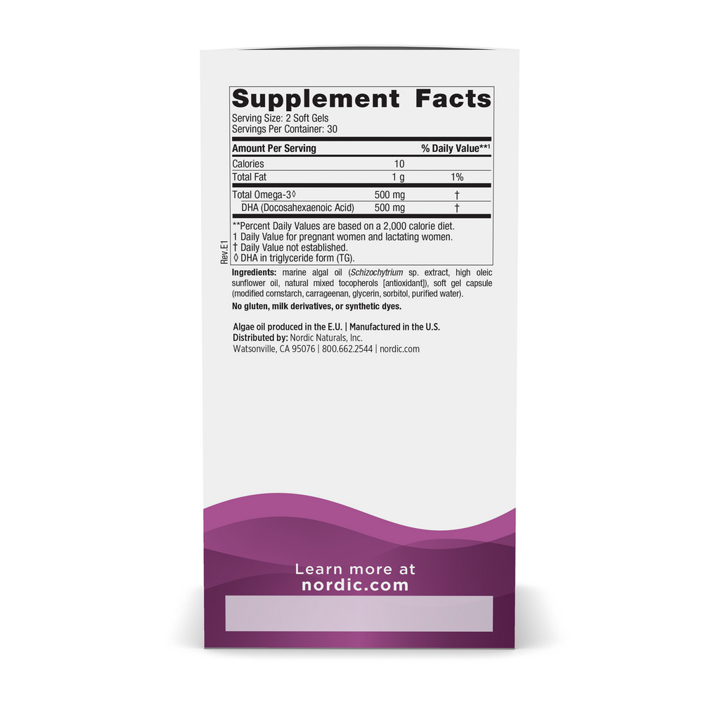Vegan Prenatal DHA 60 Soft Gels Supplement Facts Label