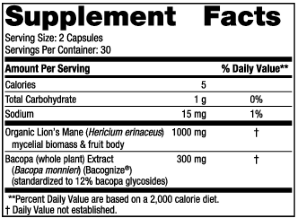 Cognition Mushroom Complex Supplement Facts Label