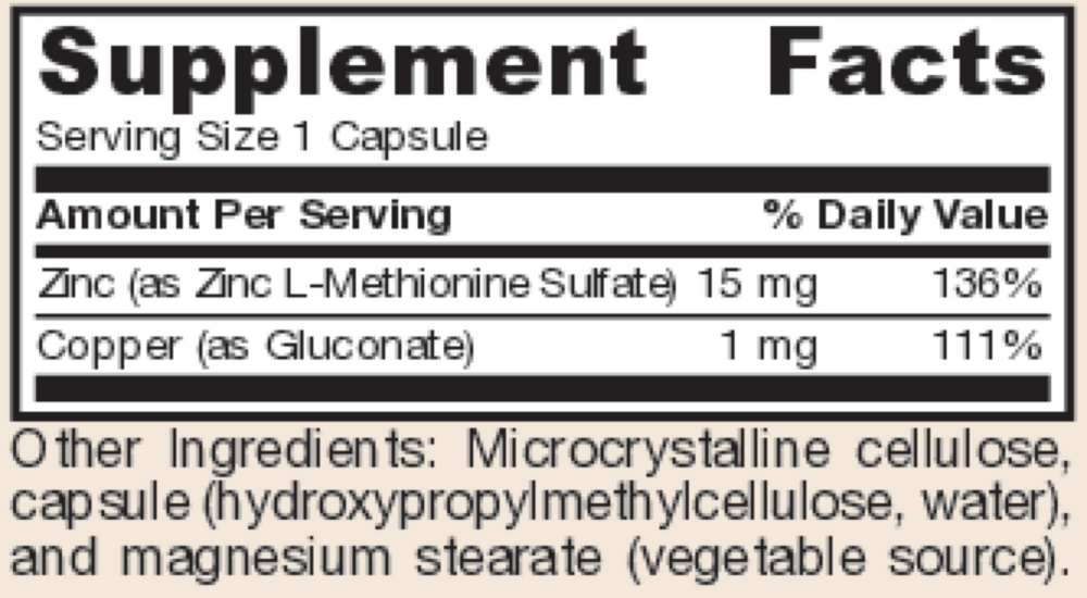 Zinc Balance 15 mg Supplement Facts Label