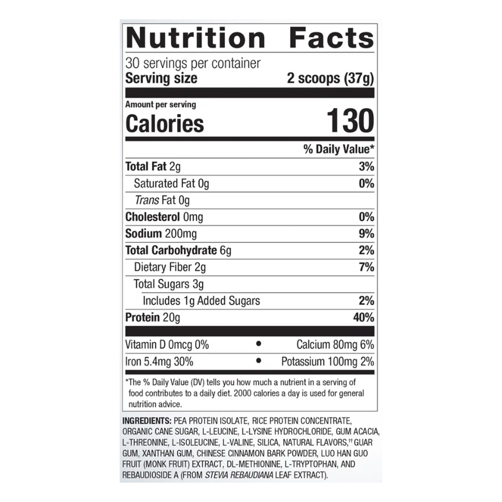 Perfect Protein Pea & Rice Vanilla Supplement Facts Label