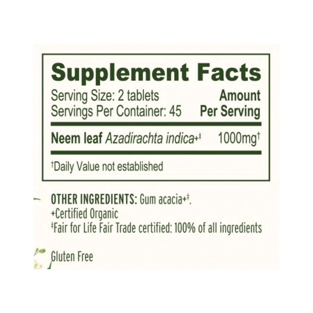 Neem Organic Tablets Supplement Facts Label