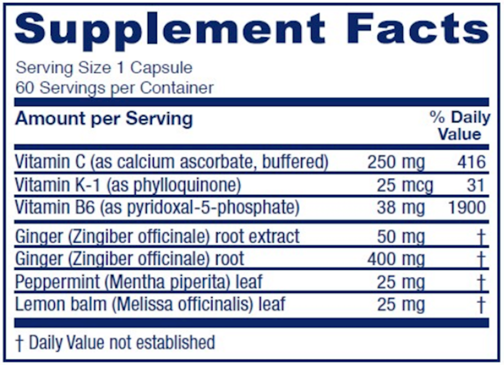 Nausea Ease Supplement Facts Label