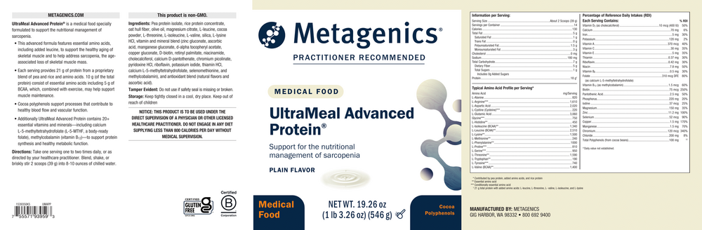 UltraMeal Adv Protein Plain Supplement Facts Label