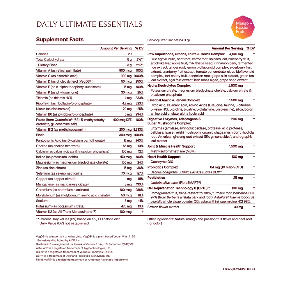 BACKORDER ONLY - Daily Ultimate Essentials Pro: Variety Pack Supplement Facts Label