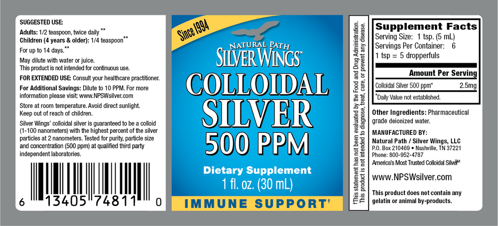 Colloidal Silver 500PPM Dropper Supplement Facts Label