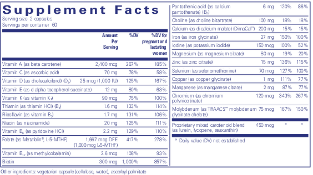 PreNatal Nutrients 120 Count Supplement Facts Label