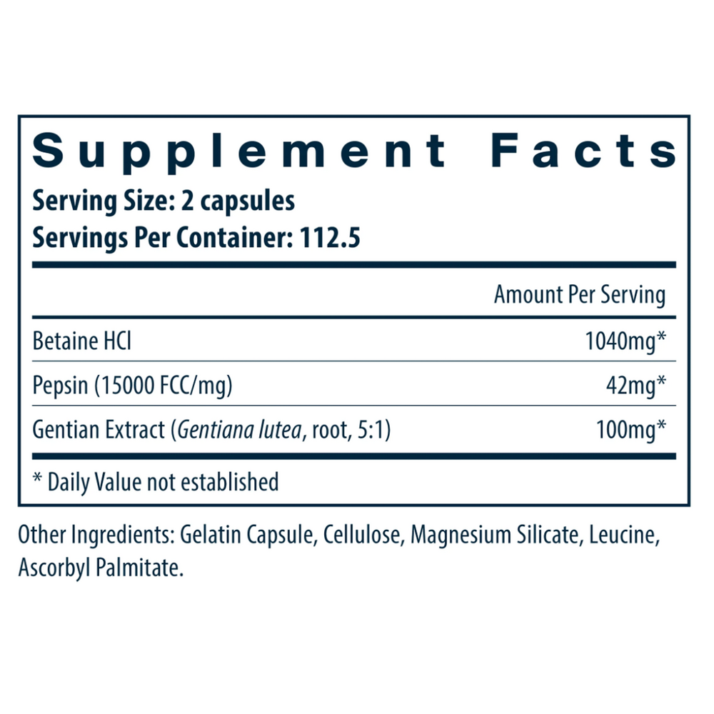 Betaine HCL Pepsin & Gentian Supplement Facts Label