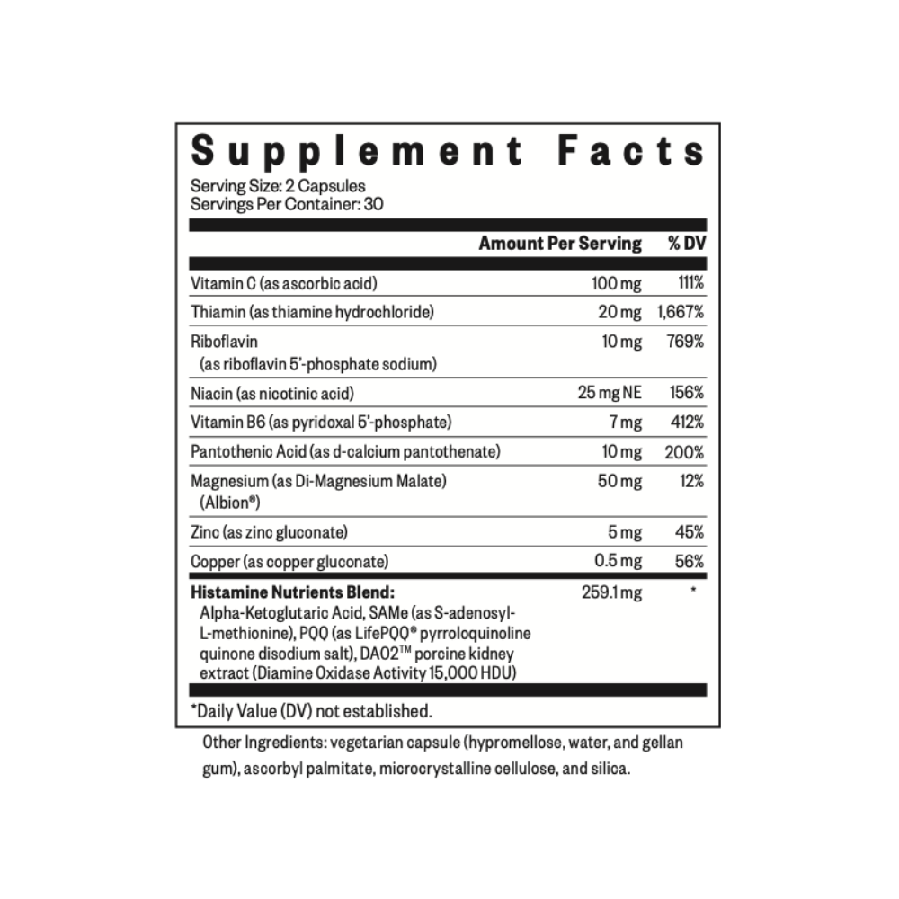 Histamine Nutrients Supplement Facts Label